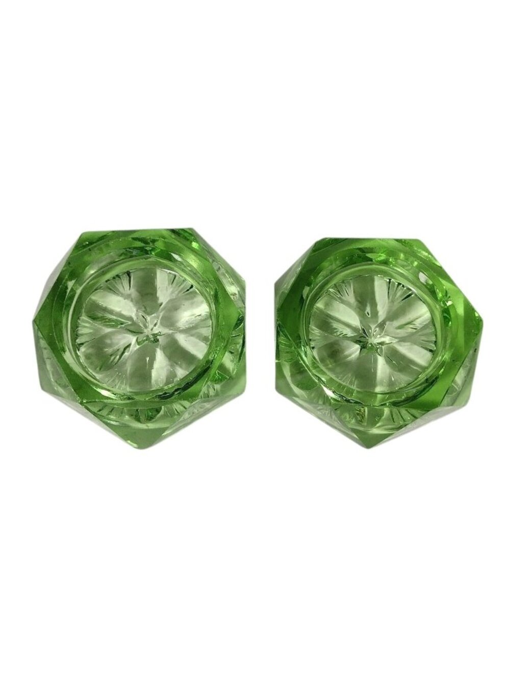 Vintage Green Pressed Glass Open Salt Cellars Non Glowing Star Bottom Hexagon